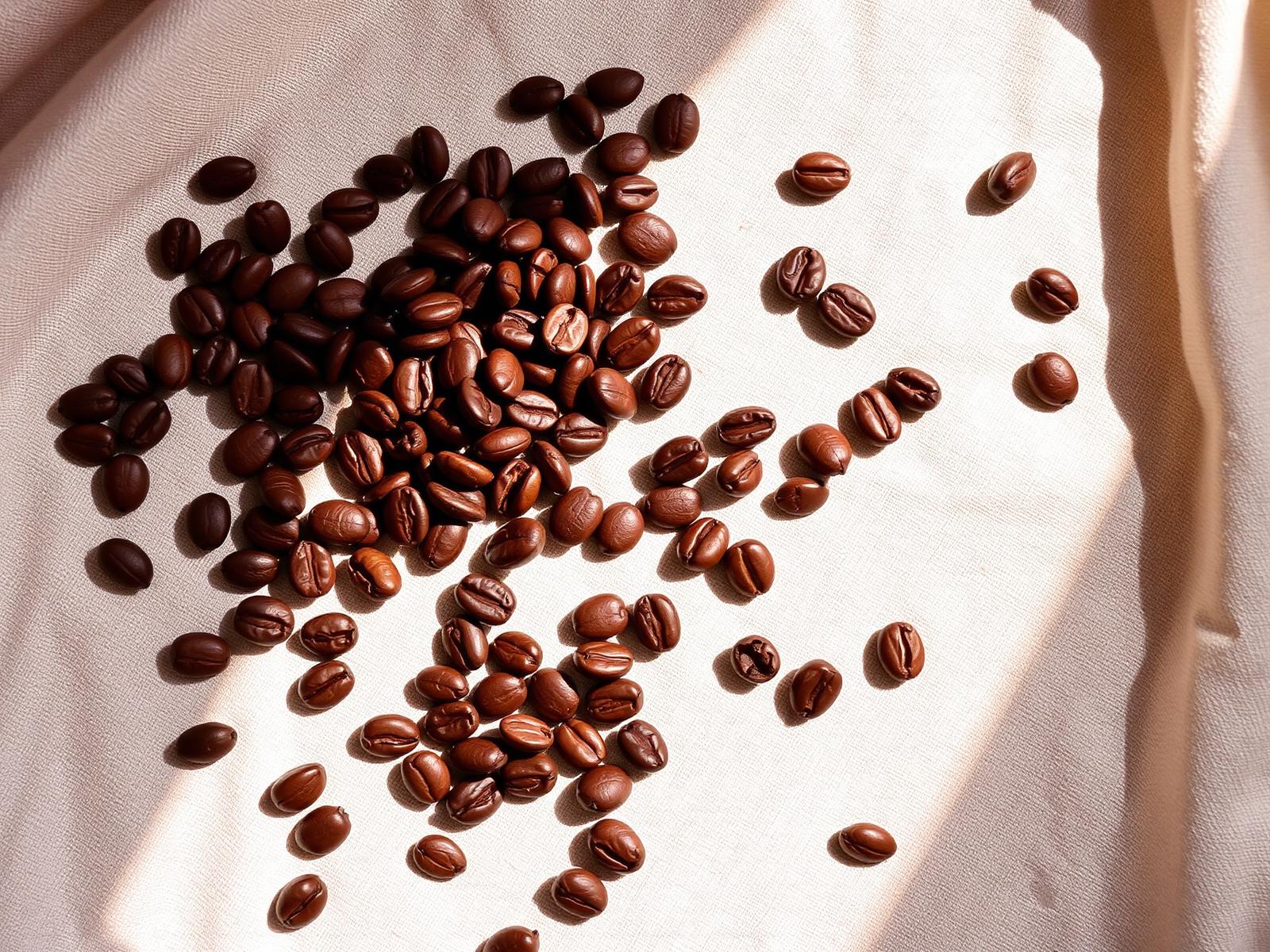 Freshly roasted coffee beans on linen